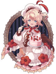  1girl blonde_hair blue_eyes cake commentary_request cross_hair_ornament flower_ornament food fork frilled_skirt frills fruit hair_ornament hat hat_feather highres holding holding_fork holding_plate looking_at_viewer magical_girl mahou_shoujo_ikusei_keikaku mahou_shoujo_ikusei_keikaku_restart multicolored_hair open_mouth pechika_(mahoiku) plate puffy_sleeves short_hair skirt smile sparkle strawberry yomo_gigyoza 