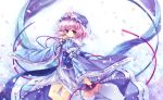  capura_lin fan folding_fan frills hat japanese_clothes kimono kneepits looking_back petals pink_eyes pink_hair ribbon saigyouji_yuyuko short_hair smile solo touhou wide_sleeves 