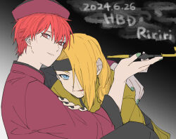  2boys :p alternate_hairstyle asymmetrical_bangs black_nails black_pants blonde_hair blue_eyes braid chinese_clothes dark_background dated deidara_(naruto) gradient_background green_nails grin hat hayamin35 headband holding holding_smoking_pipe hug implied_yaoi long_hair male_focus multiple_boys naruto_(series) naruto_shippuuden official_alternate_costume pants red_eyes red_hair sasori_(naruto) short_hair side_braid single_braid smile smoke smoking_pipe tongue tongue_out 
