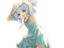  1girl alternate_costume alternate_headwear arm_up blue_eyes blue_hair blush brown_hat commentary_request dress green_dress hair_bobbles hair_ornament hat highres holding_own_dress kawashiro_nitori looking_at_viewer medium_hair open_mouth simple_background sleeveless sleeveless_dress smile solo straw_hat touhou two_side_up white_background yuanyuanshao 
