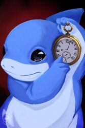  1boy artist_logo closed_mouth derivative_work english_commentary highres holding holding_pocket_watch jeff_the_land_shark logo looking_at_viewer marvel marvel_rivals meme pocket_watch pointing pointing_at_object shark shark_fin smile watch watermark white_rabbit_pointing_at_a_clock_(meme) wyleswelkin 