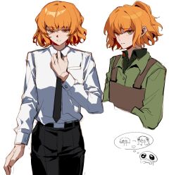  1girl adjusting_clothes adjusting_necktie aizeropoint apron black_necktie black_pants blush brown_apron chibi chibi_inset collared_shirt commentary cowboy_shot dress_shirt flat_chest formal_clothes freckles green_jumpsuit green_shirt half_updo highres ishmael_(district_21_resident)_(project_moon) ishmael_(project_moon) ishmael_(the_pequod)_(project_moon) jumpsuit limbus_company long_sleeves looking_at_viewer looking_down multiple_views necktie orange_eyes orange_hair pants parted_lips ponytail progression project_moon shirt short_hair short_ponytail simple_background suit_pants upper_body white_background white_shirt 