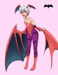  bad_id bare_shoulders bat bat_wings capcom cleavage_cutout demon_girl fang flat_chest green_hair head_wings highres leotard lilith_aensland open_mouth pantyhose print_pantyhose red_eyes short_hair smile solo succubus teresa007 vampire_(game) wings 