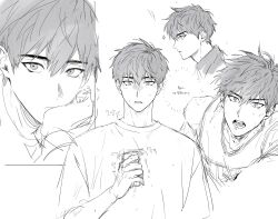  1boy basketball_jersey basketball_uniform brown_eyes brown_hair can close-up expressionless garbage_time greyscale head_rest holding holding_can ki_sangho korean_text looking_at_viewer male_focus mole mole_under_eye monochrome portrait scared shirt short_hair short_sleeves simple_background sketch solo sportswear sweat tank_top translation_request trembling ununtied very_sweaty white_background white_shirt white_tank_top 