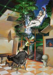  1boy 1other absurdres black_suit blonde_hair blue_eyes business_suit chair checkered_floor chinese_commentary commentary_request formal_clothes gloves highres jacket looking_at_viewer lycaenopsis original pant_suit pants picture_frame red_eyes red_gloves rock rooftop scenery sculpture sky suit suit_jacket surreal table tree water waterfall 