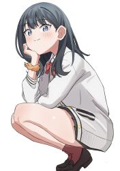  1girl absurdres arm_rest bare_legs black_hair black_skirt blue_eyes blush bow bowtie brown_shoes buttons cardigan closed_mouth collared_shirt commentary curled_fingers dress_shirt elbow_on_thigh full_body gridman_universe hair_behind_ear hand_rest highres legs_together loafers long_hair long_sleeves looking_at_viewer miniskirt orange_scrunchie pleated_skirt raised_eyebrows red_bow red_bowtie red_socks school_uniform scrunchie shirt shoes simple_background skirt smile socks solo split_mouth squatting ssss.gridman takarada_rikka thighs three-quarter_sleeves tiptoes white_background white_cardigan white_shirt wotan_(wotandesu) wrist_scrunchie 