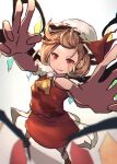  1girl absurdres ascot blonde_hair blurry blurry_foreground chromatic_aberration closed_mouth depth_of_field eyebrows_visible_through_hair fangs fangs_out flandre_scarlet foreshortening full_body hat highres kurowa_(curowa) looking_at_viewer mob_cap outstretched_arms outstretched_hand red_eyes red_skirt red_vest shirt short_hair short_sleeves skirt skirt_set socks solo touhou v-shaped_eyebrows vest white_headwear white_legwear white_shirt wings yellow_ascot 