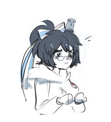  1girl artist_request black_hair blue_eyes blush drawfag embarrassed from_side glasses hamster highres hood hoodie lera_(sighttobehold) original russian_anti-war_flag russo-ukrainian_war solo upper_body wavy_mouth white_hoodie 