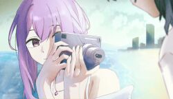  2girls absurdres atsuko_(blue_archive) atsuko_(swimsuit)_(blue_archive) beach blue_archive blurry blurry_background building camera city day highres holding holding_camera looking_at_another misaki_(blue_archive) misaki_(swimsuit)_(blue_archive) multiple_girls ocean purple_hair rumindo shore skyscraper solo_focus violet_eyes 