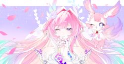 1girl ;) absurdres aqua_hair blue_eyes blue_sky breasts cyrene_(demiurge)_(honkai:_star_rail) cyrene_(honkai:_star_rail) diamond-shaped_pupils diamond_(shape) dress dual_persona earrings falling_petals hair_intakes halo highres honkai:_star_rail honkai_(series) jewelry large_breasts long_hair looking_at_viewer mem_(honkai:_star_rail) multicolored_hair one_eye_closed oxo_tya petals pink_hair planet_earrings pointy_ears shirt sky smile star-shaped_pupils star_(symbol) symbol-shaped_pupils upper_body very_long_hair violet_eyes white_dress white_hair white_shirt 