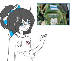  1girl black_hair blue_eyes drawfag glasses highres lera_(sighttobehold) long_sleeves looking_at_viewer open_mouth original peace_symbol photo_inset pointing ponytail ribbon russian_anti-war_flag russian_text russo-ukrainian_war shirt smile solo tongue upper_body white_background white_blue_white_flag 