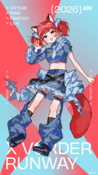  1girl :d absurdres ahoge akami_karubi animal_ears asymmetrical_sleeves black_shoes black_socks blue_necktie blue_ribbon blue_shirt blue_skirt blunt_bangs breasts cat_ears cat_girl cat_tail character_name commentary_request crazy_raccoon frilled_skirt frills full_body hair_ribbon hand_up highres kneehighs loafers long_sleeves looking_at_viewer midriff mika_pikazo navel necktie open_mouth red_hair ribbon second-party_source shirt shoe_soles shoes short_sleeves skirt smile socks solo tail twintails virtual_youtuber x_vorder_runway 