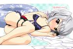  blush checkered checkered_background collarbone eyepatch heterochromia infinite_stratos innertube k10k laura_bodewig long_hair lying on_side red_eyes silver_hair solo swimsuit towel twintails yellow_eyes 