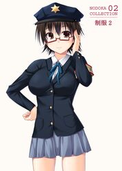  armband brown_eyes brown_hair glasses half_rim_glasses hat k-on! manabe_nodoka miyai_max police_hat red-framed_glasses ribbon school_uniform semi-rimless_glasses short_hair skirt solo under-rim_glasses 