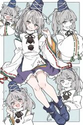  ai-generated black_skirt blue_background blue_hat blue_shoes boots border commentary_request grey_hair hands_in_opposite_sleeves hat highres japanese_clothes kariginu long_hair mononobe_no_futo multiple_views pom_pom_(clothes) ponytail ribbon-trimmed_sleeves ribbon_trim secxb8jpvhxeirg shoes simple_background skirt smile tate_eboshi touhou v-shaped_eyebrows white_border 