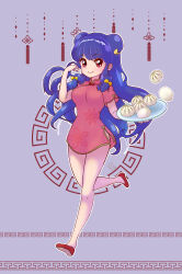  1girl bow chinese_clothes commentary_request dress dumpling floral_print food hair_bow highres holding holding_tray long_hair looking_at_viewer microdress purple_hair ranma_1/2 red_dress red_shoes shampoo_(ranma_1/2) shoes sidelocks smile tray tsukina_(gjtawgjtaw) yellow_bow 