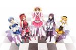  4girls aikawa_ayumu akemi_homura ankle_lace-up black_hair blonde_hair blue_eyes blue_hair brown_hair cape checkered checkered_floor cross-laced_footwear crossdressinging crossed_arms crossover dress drill_hair gloves hat ine kore_wa_zombie_desu_ka? long_hair looking_up magical_girl mahou_shoujo_madoka_magica miki_sayaka multiple_girls odd_one_out pantyhose ponytail purple_eyes red_eyes red_hair redhead sakura_kyouko season_connection shadow short_hair thighhighs tomoe_mami trap twin_drills v violet_eyes wide_ponytail yellow_eyes 