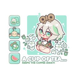  1girl :d barefoot blush border cecilia_immergreen chibi chibi_only commentary cup decrilus doll_joints double-parted_bangs english_commentary english_text flower food fruit full_body green_background green_eyes green_skirt green_streaks grey_hair hair_between_eyes highres holding holding_cup hololive hololive_english joints long_sleeves multicolored_hair open_mouth otomo_(cecilia_immergreen) ototori_(cecilia_immergreen) outline outside_border shirt short_hair skirt smile solo streaked_hair teabag teacup virtual_youtuber watermelon watermelon_slice white_border white_flower white_outline white_shirt winding_key 