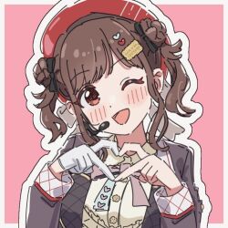  1girl beret blush brown_eyes brown_hair collared_shirt commentary_request four-finger_heart_hands gloves hair_ornament hat heart heart_hair_ornament heart_hands idolmaster idolmaster_shiny_colors open_mouth pink_background pippo_(pippo314) red_hat shirt single_glove smile solo sonoda_chiyoko twintails white_gloves 