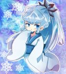  blue_background blue_eyes blue_hair japanese_clothes kimono long_hair oyuki_(urusei_yatsura) ponytail red_eyes snow snowflakes solo urusei_yatsura 