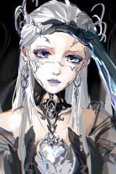  1girl bare_shoulders black_background black_collar black_dress black_gloves chinese_commentary circlet collar colored_eyelashes commentary_request detached_collar dress earrings expressionless eyeshadow forehead gloves grey_eyes grey_sleeves guide_of_no_return_(infinity_nikki) hand_on_own_head high_collar highres infinity_nikki jewelry lipstick lishao_lishao long_hair long_sidelocks looking_at_viewer makeup mascara nikki_(series) nostrils off-shoulder_dress off_shoulder painterly parted_lips purple_eyeshadow purple_lips see-through_clothes see-through_sleeves sidelocks simple_background solo straight_hair upper_body very_long_hair white_hair 