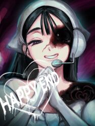  1girl alien_stage bandana black_hair commentary english_text gloves grey_eyes half-closed_eyes headset heart highres long_hair mew03_3 microphone own_hands_together smile solo sua_(alien_stage) sua_(zombie_stage) white_bandana white_gloves zombie_stage 