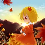  absurdres aki_shizuha autumn autumn_leaves blonde_hair brown_dress chibi dress highres leaf leaf_on_head red_eyes sky smile solo sunset touhou yamabuki_(yusuraume) 