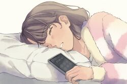  1girl alt_text brown_hair collarbone commentary_request fujishima_megumi fujishima_megumi_(post-graduation_sleepwear) hair_ornament hair_scrunchie highres incoming_call long_hair love_live! love_live!_hasu_no_sora_jogakuin_school_idol_club low_twintails lying on_side porari purple_scrunchie scrunchie simple_background sleeping solo twintails virtual_youtuber white_background 