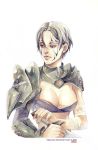  asymmetrical_clothes asymmetrical_clothing bandages breasts bust cleavage dragon_age dragon_age_2 face face_tattoo facial_tattoo grey_hair grey_eyes grey_hair hawke_(dragon_age_2) oppai original phong_anh short_hair solo sword tattoo traditional_media watercolor_(medium) weapon 