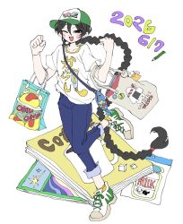  1boy 2026 bag baseball_cap bifuteki_(bi_futeki) black_eyes black_hair braid braided_ponytail dated full_body hat highres holding holding_bag long_hair looking_at_viewer magazine_(object) male_focus one_eye_closed original shirt shoes shopping_bag simple_background sneakers solo standing standing_on_one_leg trap very_long_hair white_background white_shirt 