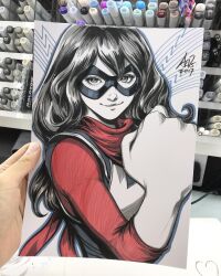  1girl art_tools_in_frame artist's_hand_in_frame black_mask closed_mouth commentary domino_mask elasticity english_commentary eye_mask highres kamala_khan long_hair looking_at_viewer marker_(medium) marvel mask photo_(medium) red_scarf scarf smile solo stanley_lau traditional_media upper_body 