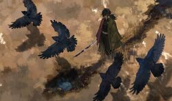  1boy belt bird black_hair black_jacket black_pants buttons crow demon_slayer_uniform from_above grass green_haori hair_between_eyes haori high_collar holding holding_sword holding_weapon jacket japanese_clothes katana kimetsu_no_yaiba long_hair low_ponytail male_focus outdoors pants ponytail red_haori shadow solo spiky_hair standing sword tall_grass tomioka_giyuu weapon whd5er white_belt 