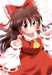  1girl ascot bare_shoulders blush bow brown_eyes brown_hair closed_mouth collared_shirt commentary_request cowboy_shot detached_sleeves frilled_bow frilled_hair_tubes frills hair_between_eyes hair_bow hair_tubes hakurei_reimu hand_up highres long_hair long_sleeves looking_at_viewer red_bow red_shirt red_skirt ribbon-trimmed_sleeves ribbon_trim rokugou_daisuke shirt sidelocks skirt skirt_set sleeveless sleeveless_shirt smile solo touhou white_sleeves wide_sleeves yellow_ascot 
