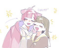  2girls :d animal_ears anyoji_hime arrow_(symbol) blush brown_dress closed_eyes commentary dog_ears dog_girl dress hasu_no_sora_school_uniform hood hood_down hooded_jacket jacket kachimachi_kosuzu kemonomimi_mode long_sleeves love_live! love_live!_hasu_no_sora_jogakuin_school_idol_club multiple_girls neckerchief notice_lines open_clothes open_jacket open_mouth pink_jacket pipi_(m1x_mix) sailor_collar sailor_dress school_uniform simple_background smile untranslatable_commentary upper_body virtual_youtuber white_background white_sailor_collar winter_uniform yellow_neckerchief 