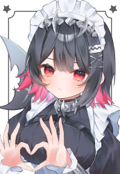  1girl absurdres apron black_hair blush breasts closed_mouth commentary_request ellen_joe four-finger_heart_hands frilled_apron frilled_hairband frilled_wrist_cuffs frills hair_ornament hairband heart heart_hands highres large_breasts looking_at_viewer maid maid_apron maid_headdress mokoinu_(pixiv_27216243) mole mole_under_eye multicolored_hair puffy_short_sleeves puffy_sleeves red_eyes red_hair shark_girl short_hair short_sleeves solo upper_body white_apron white_background wrist_cuffs x_hair_ornament zenless_zone_zero 