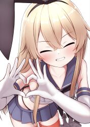 1girl anchor_hair_ornament black_hairband black_panties blonde_hair blue_skirt blush closed_eyes commentary cowboy_shot elbow_gloves facing_viewer gloves grin hair_ornament hairband heart heart_hands highleg highleg_panties highres kantai_collection leaning_forward long_hair neckerchief panties pleated_skirt sailor_collar shimakaze_(kancolle) skirt smile solo thigh-highs tiemu_(man190) underwear white_background white_gloves 