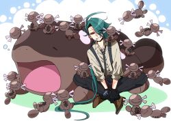  1girl =_= ahoge black_gloves black_necktie black_pants bright_pupils brown_shirt brown_shoes clodsire closed_eyes closed_mouth collared_shirt commentary_request ear_piercing earrings evolutionary_line eyelashes gloves green_hair grin hair_over_one_eye highres jewelry long_hair long_sleeves necktie nostrils one_eye_closed open_mouth paldean_wooper pants piercing pokemon pokemon_(creature) pokemon_scarlet_and_violet ponytail red_eyes rika_(pokemon) shirt shoes single_hair_intake sitting smile suspenders takuhe_0410 teeth too_many very_long_hair white_pupils yawning 