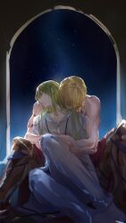  1boy 1other absurdres androgynous blonde_hair blood blood_from_mouth body_markings emalfire enkidu_(fate) fate/grand_order fate/strange_fake fate_(series) gilgamesh_(fate) gold_necklace green_hair highres hug hug_from_behind jewelry long_hair necklace night other_with_male robe sitting sky star_(sky) starry_sky toned toned_male topless_male white_robe yellow_eyes 