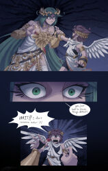  1boy 1girl absurdres ahoge angel angel_wings armlet bike_shorts brown_hair chain circlet empty_eyes english_commentary english_text eyelashes gold_armlet gold_chain green_eyes green_hair highres holding holding_jewelry holding_ring jewelry kid_icarus kid_icarus_uprising laurel_crown long_hair looking_at_another lunarjaguar open_mouth palutena pendant pit_(kid_icarus) ring scarf very_long_hair white_scarf wings 