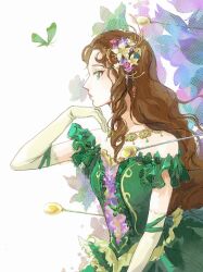  1girl arm_ribbon brown_hair bug butterfly chinese_commentary commentary_request cowboy_shot dress elbow_gloves expressionless eyelashes eyeshadow floral_background flower frilled_sleeves frills gloves gold_necklace gown green_butterfly green_dress green_eyes green_eyeshadow green_ribbon hair_flower hair_ornament head_rest highres jade's_springdream_(shining_nikki) jewelry lace-trimmed_gloves lace_trim lily_(flower) lipstick lishao_lishao long_hair long_sidelocks looking_ahead makeup necklace nikki_(series) off-shoulder_dress off_shoulder parted_lips pink_flower pink_lips pointy_nose purple_flower ribbon sewing_pin shining_nikki short_sleeves sidelocks solo very_long_hair wavy_hair white_background white_flower white_gloves 