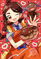  1girl :d ;d ^_^ ahoge apron blush blush_stickers bow braid brown_eyes brown_hair character-themed_food clodsire closed_eyes commentary_request eyelashes food grey_shirt grid_background heart highres holding holding_plate juliana_(pokemon) long_hair mizuhase_(pororon) necktie one_eye_closed open_mouth orange_apron paldean_wooper plate pokemon pokemon_(creature) pokemon_scarlet_and_violet purple_bow purple_necktie red_background shirt short_sleeves single_braid smile star_(symbol) 