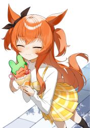  1girl animal_ears belt black_socks blush closed_eyes closed_mouth commentary_request crepe dress ear_ribbon food hair_between_eyes highres holding holding_crepe holding_food horse_ears horse_girl horse_tail jewelry long_hair long_sleeves mayano_top_gun_(casual)_(umamusume) mayano_top_gun_(umamusume) orange_hair plaid_clothes plaid_dress reirou_(chokoonnpu) shirt skirt smile socks solo tail two_side_up umamusume vest white_shirt yellow_skirt yellow_vest 