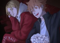  2boys absurdres black_jacket blonde_hair caheoarts closed_mouth commentary crossed_legs food grey_hoodie haikyuu!! highres hinata_shouyou hood hood_down hoodie jacket jacket_over_hoodie kozume_kenma looking_at_viewer male_focus movie_theater multicolored_hair multiple_boys open_mouth orange_eyes orange_hair pants popcorn red_pants red_track_suit selfie shirt t-shirt teeth theater_seating track_jacket track_suit twitter_username two-tone_hair untranslatable_commentary white_shirt 