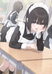  3girls :d absurdres apron black_dress black_eyes black_hair black_socks blunt_bangs blurry blurry_background buran_buta chair classroom collared_dress commentary_request depth_of_field desk dress frilled_apron frills head_rest highres indoors kneehighs leaning_forward long_hair long_sleeves looking_at_viewer maid maid_apron maid_headdress mole mole_under_eye multiple_girls open_mouth original school_chair school_desk smile socks solo_focus v white_apron 