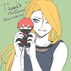  2boys akatsuki_uniform asymmetrical_bangs black_nails blue_eyes chibi deidara_(naruto) fishnet_top fishnets green_background grey_shirt grin hair_over_one_eye hayamin35 high_ponytail holding_chibi long_hair male_focus multiple_boys naruto_(series) naruto_shippuuden one_eye_closed ponytail red_eyes red_hair sasori_(naruto) shirt sketch smile 