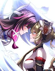  2girls absurdres black_bow black_collar black_hair blue_eyes blush bonnet bow braid braided_base brown_hair bun_with_braided_base closed_mouth collar columbina_(genshin_impact) commentary detached_collar detached_sleeves dress elysium1nyou english_commentary eye_contact face-to-face falling_feathers feathers genshin_impact hair_bun hair_ornament hair_ribbon highres long_hair looking_at_another multicolored_hair multiple_girls parted_lips profile purple_hair ribbon sandrone_(genshin_impact) smile streaked_hair violet_eyes white_background white_dress white_ribbon white_wings winding_key wings yuri 