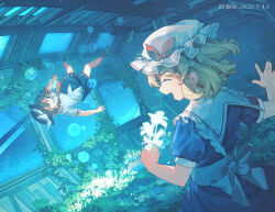  2girls artist_name back_bow black_hat black_skirt black_socks blonde_hair bow brown_hair chinese_commentary closed_eyes collared_dress commentary_request dated dress facing_another floating furahata_gen green_shoes hat hat_bow highres holding loafers looking_at_another maribel_hearn medium_hair mob_cap multiple_girls necktie open_mouth overgrown puffy_short_sleeves puffy_sleeves purple_dress red_eyes red_necktie ribbon-trimmed_shirt ribbon-trimmed_skirt ribbon-trimmed_sleeves ribbon_trim shirt shoes short_sleeves skirt smile socks touhou usami_renko white_bow white_hat white_shirt 