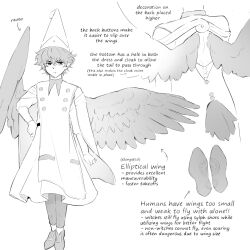  1girl absurdres agott_arklaum_(tongari_boushi_no_atelier) arrow_(symbol) back_cutout bird_wings clothing_cutout conical_hat english_text expressionless feathered_wings full_body greyscale hand_on_own_hip hat highres looking_at_viewer magic_circle monochrome monsterification pointing_out_the_details qifrey's_atelier_apprentice_uniform short_hair standing tongari_boushi_no_atelier welfshr wings wizard_hat 