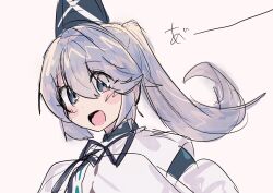  black_hat blue_eyes blush grey_hair hands_in_opposite_sleeves hat highres long_hair looking_at_viewer mononobe_no_futo open_mouth ribbon-trimmed_sleeves ribbon_trim simple_background sketch tate_eboshi tateworyyyyyy touhou upper_body white_background 