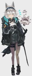  ... 1girl animal_ears arknights belt black_boots black_hair black_jacket boots chibi chibi_inset english_commentary english_text grey_hair hair_over_eyes high-waist_shorts highres holding holding_knife holding_sword holding_weapon jacket knife long_sleeves odmised reserve_operator_guard_(arknights) rhodes_island_uniform shirt short_hair shorts spoken_ellipsis sword thigh_belt thigh_strap unsheathed weapon white_shirt 